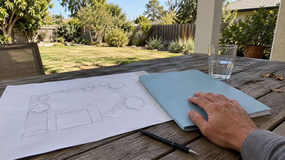 A pencil sketch of a yard plan beside a folder on a patio table